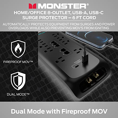 Monster Black Heavy Duty Surge Protector Power Strip 6 ft Cord with 8 120V-Outlet Extension, 2 Ethernet Switch Ports, 4050J Rating, 1 USB-A, and 1 USB-C Charging Ports – Ideal for Computers and Office