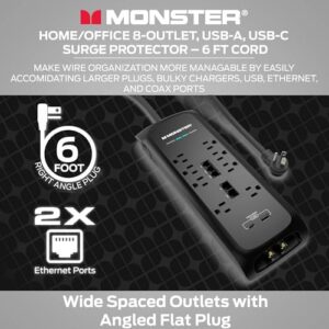 Monster Black Heavy Duty Surge Protector Power Strip 6 ft Cord with 8 120V-Outlet Extension, 2 Ethernet Switch Ports, 4050J Rating, 1 USB-A, and 1 USB-C Charging Ports – Ideal for Computers and Office