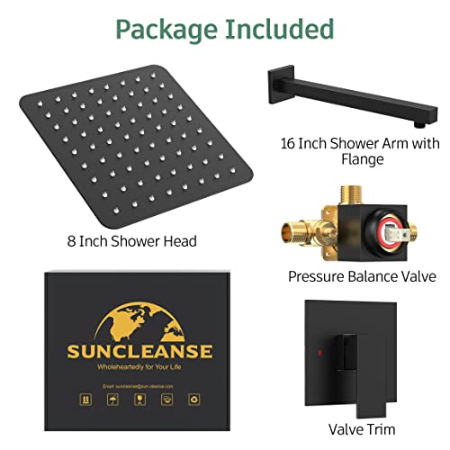 SunCleanse Matte Black Shower Faucet Set with Valve, Bathroom Shower System Included Stainless Steel Metal Rainfall Shower Head and Extra Long Shower Arm