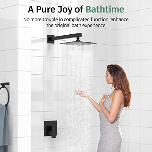 SunCleanse Matte Black Shower Faucet Set with Valve, Bathroom Shower System Included Stainless Steel Metal Rainfall Shower Head and Extra Long Shower Arm