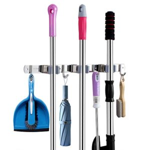 vosigreen broom & mop holder, wall mount organizer hanger for rakes, utensils, tools - 3 racks, 4 hooks - 17” self adhesive or drillable installation - for kitchen, garage, garden, office, closet