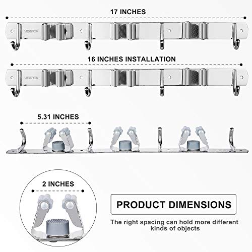 VOSIGREEN Broom & Mop Holder, Wall Mount Organizer Hanger for Rakes, Utensils, Tools - 3 Racks, 4 Hooks - 17” Self Adhesive or Drillable Installation - For Kitchen, Garage, Garden, Office, Closet