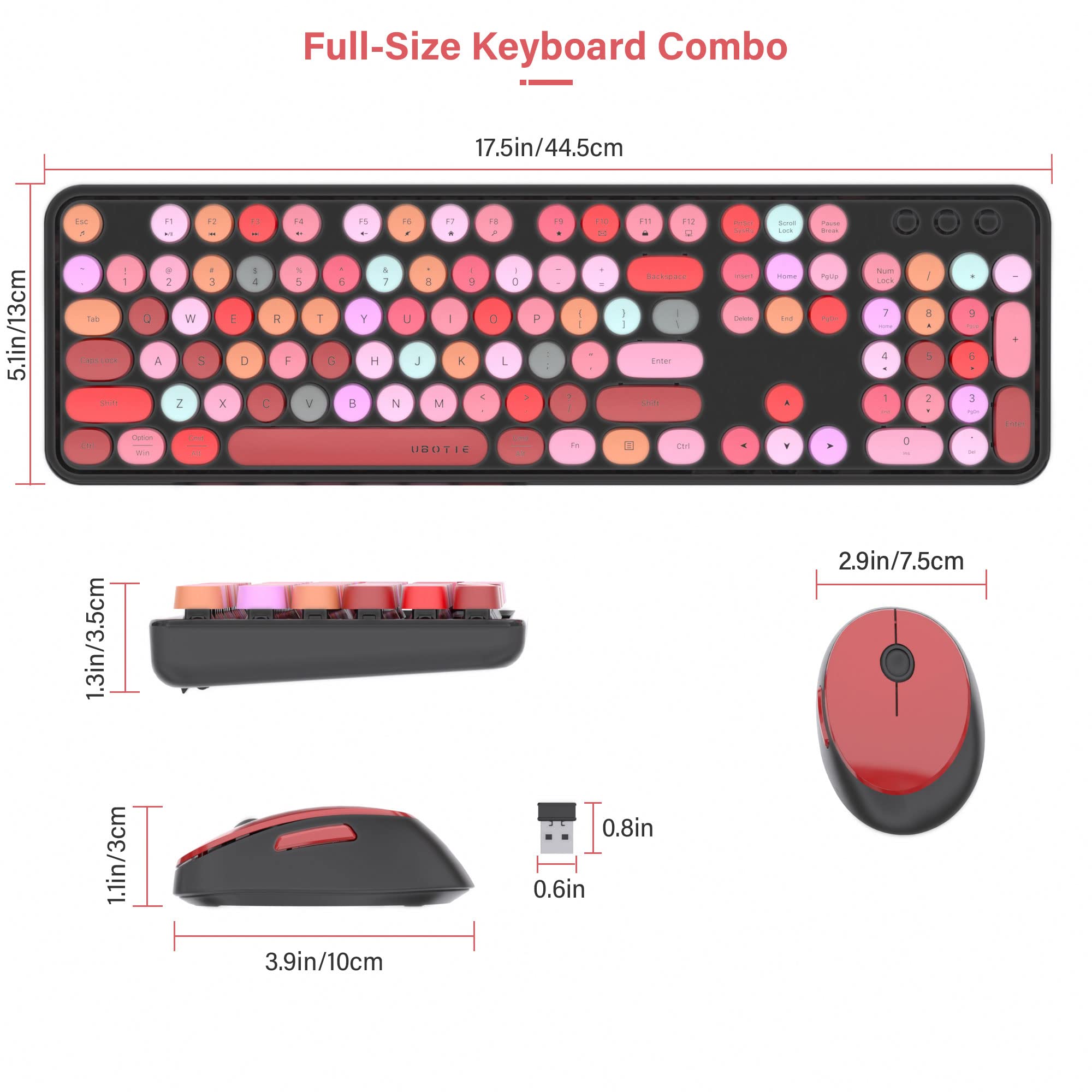 UBOTIE Colorful Computer Wireless Keyboard Mouse Combos, Typewriter Flexible Keys Office Full-Sized Keyboard, 2.4GHz Dropout-Free Connection and Optical Mouse (Black-Colorful)