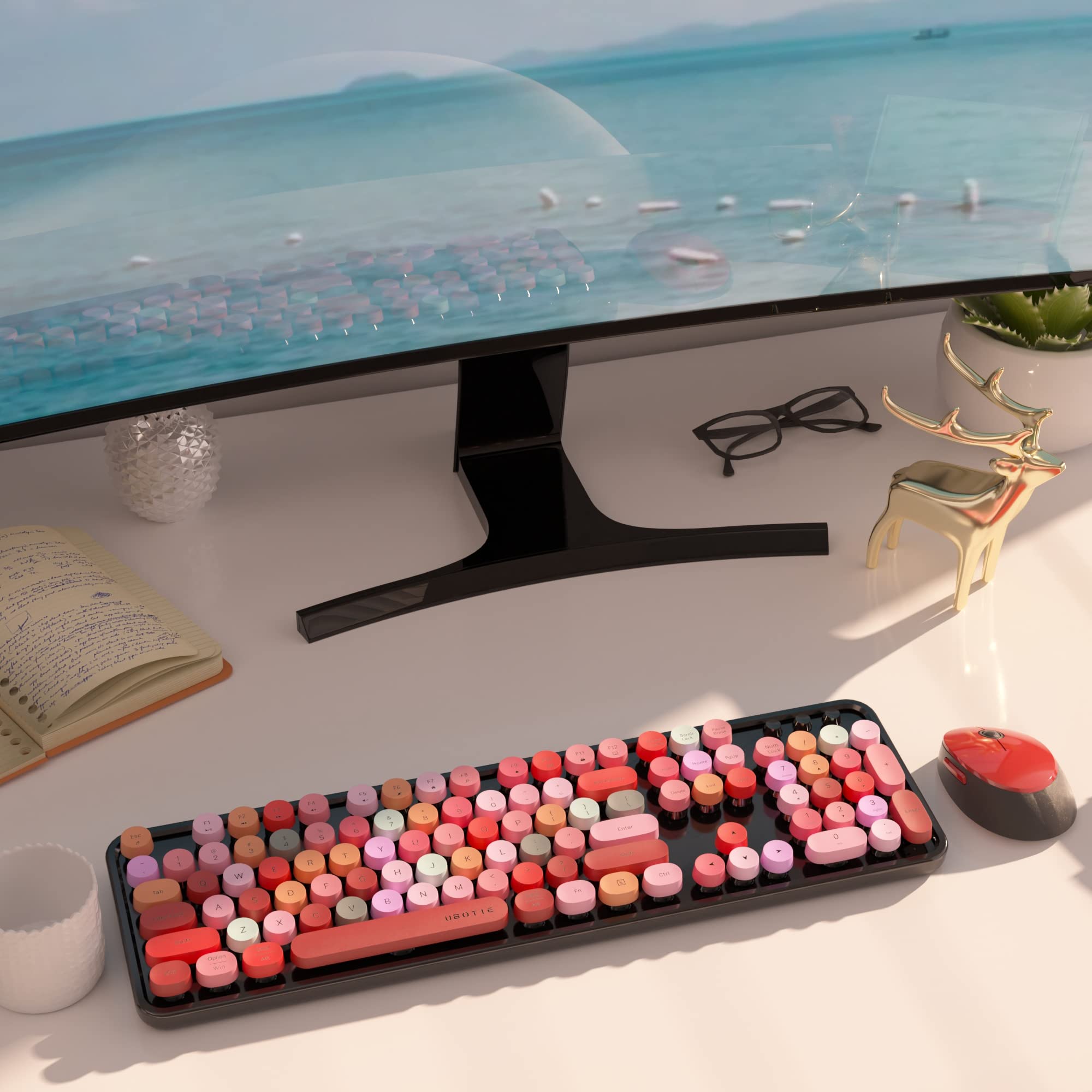 UBOTIE Colorful Computer Wireless Keyboard Mouse Combos, Typewriter Flexible Keys Office Full-Sized Keyboard, 2.4GHz Dropout-Free Connection and Optical Mouse (Black-Colorful)