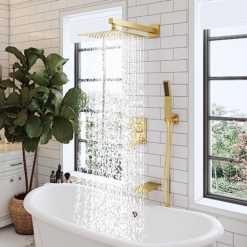 HomGoo Shower System with Tub Spout, Tub Shower Faucet Set with High Pressure 10" Rain Shower head and 5-Setting Handheld Shower Head Set, Pressure Balance Valve included, Brushed Gold