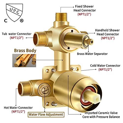 HomGoo Shower System with Tub Spout, Tub Shower Faucet Set with High Pressure 10" Rain Shower head and 5-Setting Handheld Shower Head Set, Pressure Balance Valve included, Brushed Gold