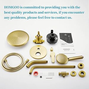 HomGoo Shower System with Tub Spout, Tub Shower Faucet Set with High Pressure 10" Rain Shower head and 5-Setting Handheld Shower Head Set, Pressure Balance Valve included, Brushed Gold