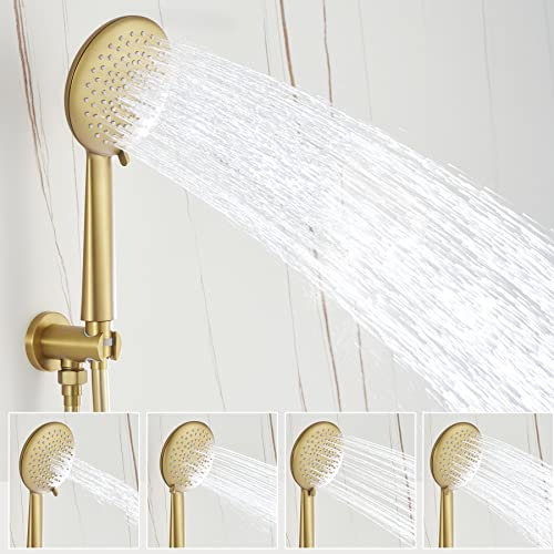 HomGoo Shower System with Tub Spout, Tub Shower Faucet Set with High Pressure 10" Rain Shower head and 5-Setting Handheld Shower Head Set, Pressure Balance Valve included, Brushed Gold