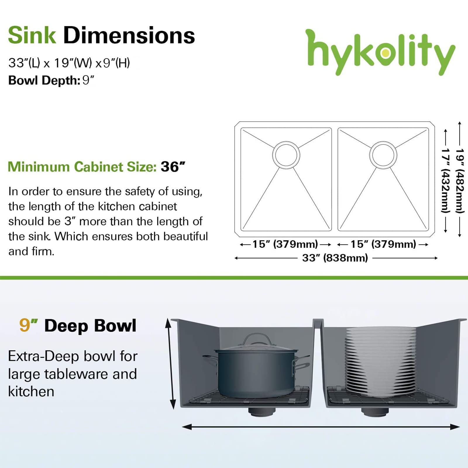 hykolity 33-inch Undermount 50/50 Double Bowl 16 Gauge Stainless Steel Kitchen Sink