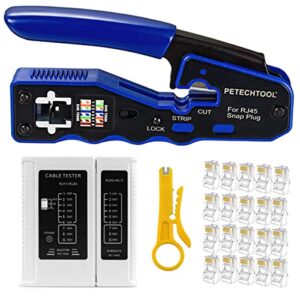 rj45 crimp tool kit all-in-one crimping tool ethernet crimper wire cutter stripper with 1 piece cable tester,20pieces cat6 pass through connectors and 1 piece yellow wire stripper