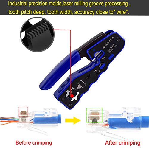 RJ45 Crimp Tool Kit All-in-one Crimping Tool Ethernet Crimper Wire Cutter Stripper With 1 Piece Cable Tester,20Pieces Cat6 Pass Through Connectors and 1 Piece Yellow Wire Stripper