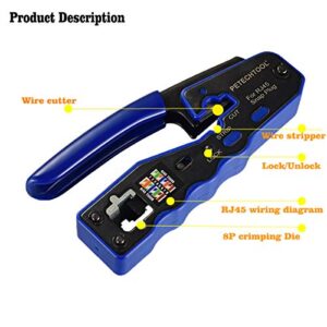 RJ45 Crimp Tool Kit All-in-one Crimping Tool Ethernet Crimper Wire Cutter Stripper With 1 Piece Cable Tester,20Pieces Cat6 Pass Through Connectors and 1 Piece Yellow Wire Stripper