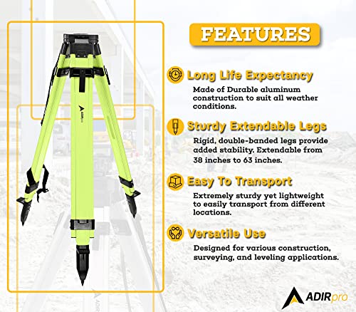 AdirPro High Visibility Universal Survey Tripod – Aluminum Laser Level Tripod – Transit Level Tripod - Quick Clamp - Heavy Duty Contractor Tripod 5/8” x 11” Thread (Green)