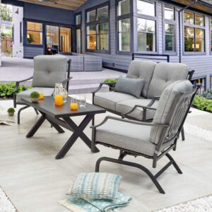 patiofestival patio conversation set metal outdoor furniture sets all weather cushioned loveseat & 2 rocking chairs & 1 coffee table for poolside lawn yard 4pcs