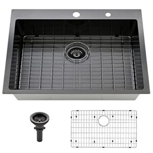friho 33"x 22" inch 18 gauge commercial large topmount drop in single bowl basin handmade sus304 stainless steel kitchen sink, black kitchen sinks with basket strainer and dish grid