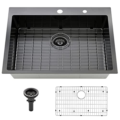 Friho 33"x 22" Inch 18 Gauge Commercial Large Topmount Drop in Single Bowl Basin Handmade SUS304 Stainless Steel Kitchen Sink, Black Kitchen Sinks with Basket Strainer and Dish Grid