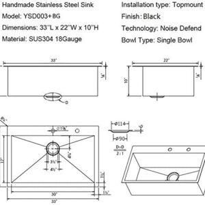 Friho 33"x 22" Inch 18 Gauge Commercial Large Topmount Drop in Single Bowl Basin Handmade SUS304 Stainless Steel Kitchen Sink, Black Kitchen Sinks with Basket Strainer and Dish Grid