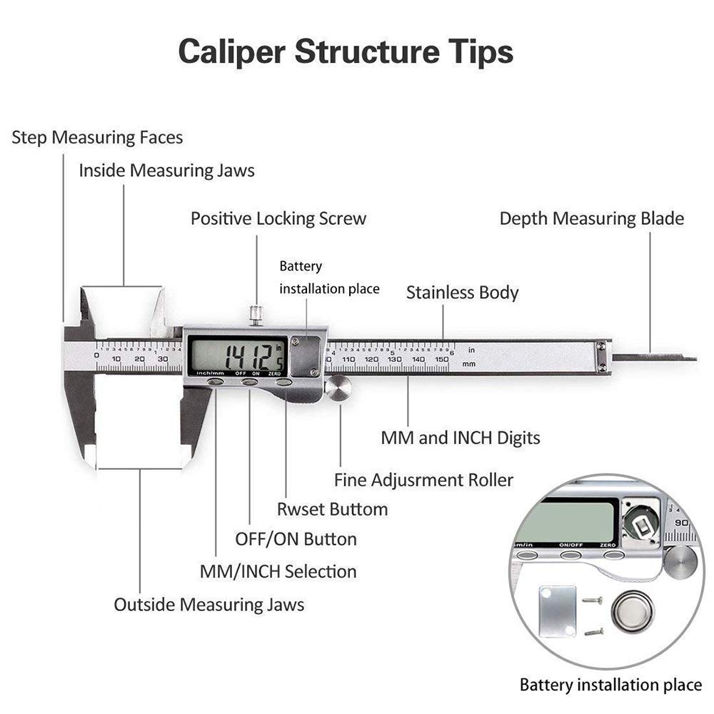 Digital Caliper, Caliper Measuring Tool with Stainless Steel, Electronic Micrometer Caliper with Large LCD Screen, Auto-Off Feature, Inch and Millimeter Conversion (6 Inch/150 mm)