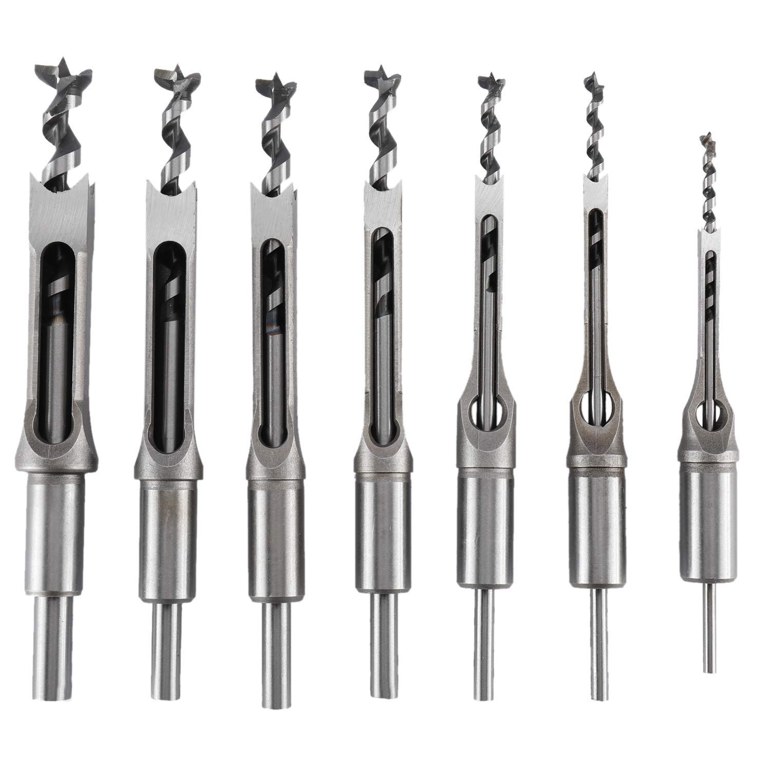 7 pcs Square Hole Mortise Chisel Drill Bit Tools 3/4" 5/8" 9/16" 1/2" 3/8" 5/16" 1/4", HSS Woodworking Hole Saw Mortising Chisel Drill Bit Set