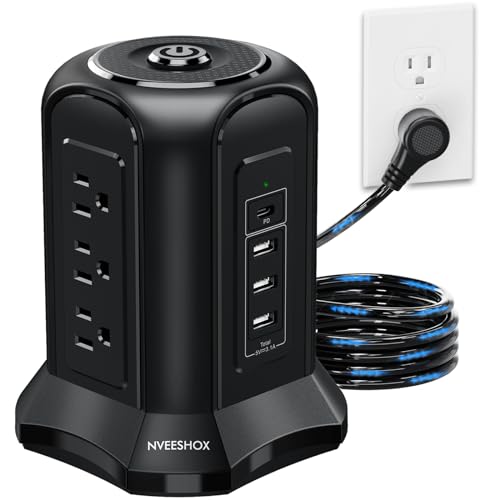 Power Strip Surge Protector Tower- 9 AC Multiple Outlets with 4 USB Ports (1 USB C),10 Ft Long Heavy Duty Extension Cord,Flat Plug Charging Station with Overload Protection for Home Office Dorm Desk