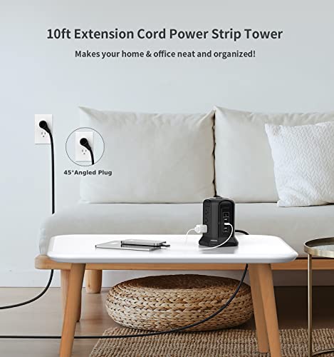 Power Strip Surge Protector Tower- 9 AC Multiple Outlets with 4 USB Ports (1 USB C),10 Ft Long Heavy Duty Extension Cord,Flat Plug Charging Station with Overload Protection for Home Office Dorm Desk