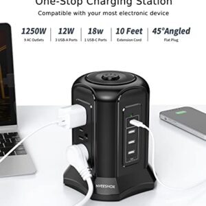 Power Strip Surge Protector Tower- 9 AC Multiple Outlets with 4 USB Ports (1 USB C),10 Ft Long Heavy Duty Extension Cord,Flat Plug Charging Station with Overload Protection for Home Office Dorm Desk