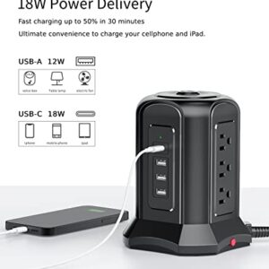 Power Strip Surge Protector Tower- 9 AC Multiple Outlets with 4 USB Ports (1 USB C),10 Ft Long Heavy Duty Extension Cord,Flat Plug Charging Station with Overload Protection for Home Office Dorm Desk