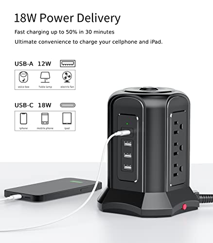 Power Strip Surge Protector Tower- 9 AC Multiple Outlets with 4 USB Ports (1 USB C),10 Ft Long Heavy Duty Extension Cord,Flat Plug Charging Station with Overload Protection for Home Office Dorm Desk