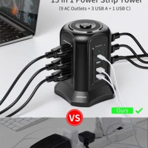 Power Strip Surge Protector Tower- 9 AC Multiple Outlets with 4 USB Ports (1 USB C),10 Ft Long Heavy Duty Extension Cord,Flat Plug Charging Station with Overload Protection for Home Office Dorm Desk