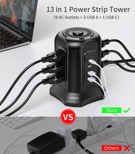 Power Strip Surge Protector Tower- 9 AC Multiple Outlets with 4 USB Ports (1 USB C),10 Ft Long Heavy Duty Extension Cord,Flat Plug Charging Station with Overload Protection for Home Office Dorm Desk