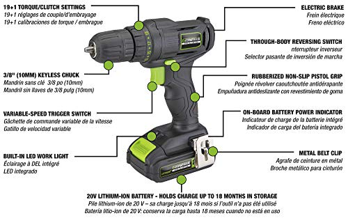 Genesis GLCD20CSE Special Edition 20V Lithium-Ion Cordless Drill/Driver with Built-in LED Light, 19+1 Torque Position Settings, Removable/Rechargeable Battery and Charger Included