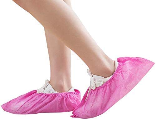 Disposable Shoe Covers 100PCS Non-Slip Durable Indoor Boot Overshoes Protector Thicked Non-Woven Shoe Covers for Carpet Floor Protection Construction Offices One Size Fits All (Pink)