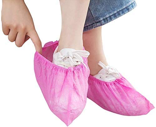 Disposable Shoe Covers 100PCS Non-Slip Durable Indoor Boot Overshoes Protector Thicked Non-Woven Shoe Covers for Carpet Floor Protection Construction Offices One Size Fits All (Pink)