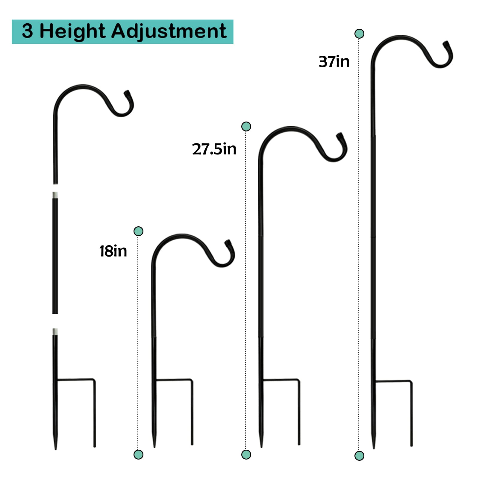 MIXXIDEA Heavy Duty Garden Shepherds Hooks for Outdoor, Premium Metal Shepherds Hooks, Height Adjustable Bird Feeder Hanger, Hanging Basket Hooks 37” Inch Tall Hanging Plant Hooks (Pack of 4)