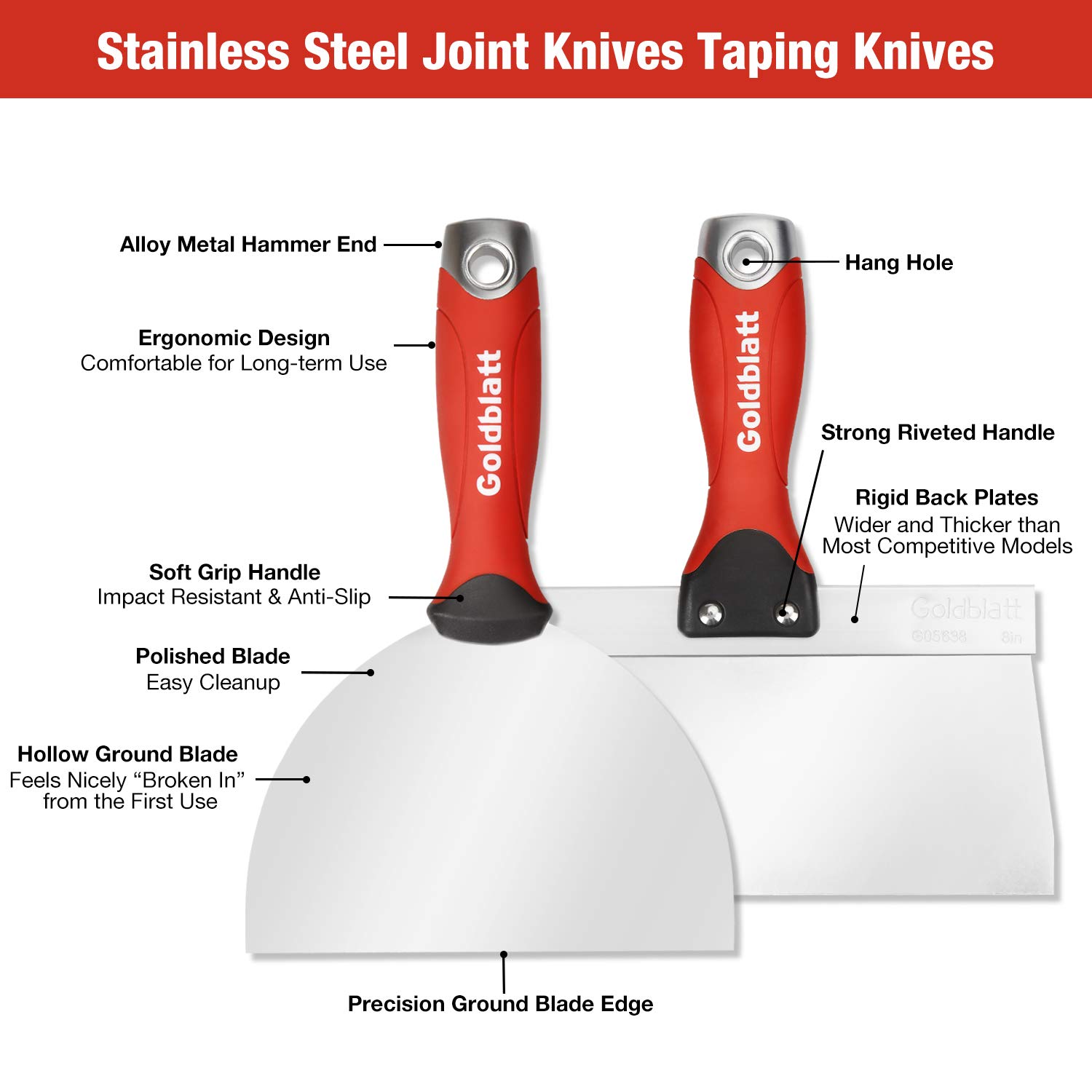 Goldblatt Drywall Hand Tool Kit - Stainless Steel Joint Knife, Taping Knives, Paniter Scraper, Mud Pan