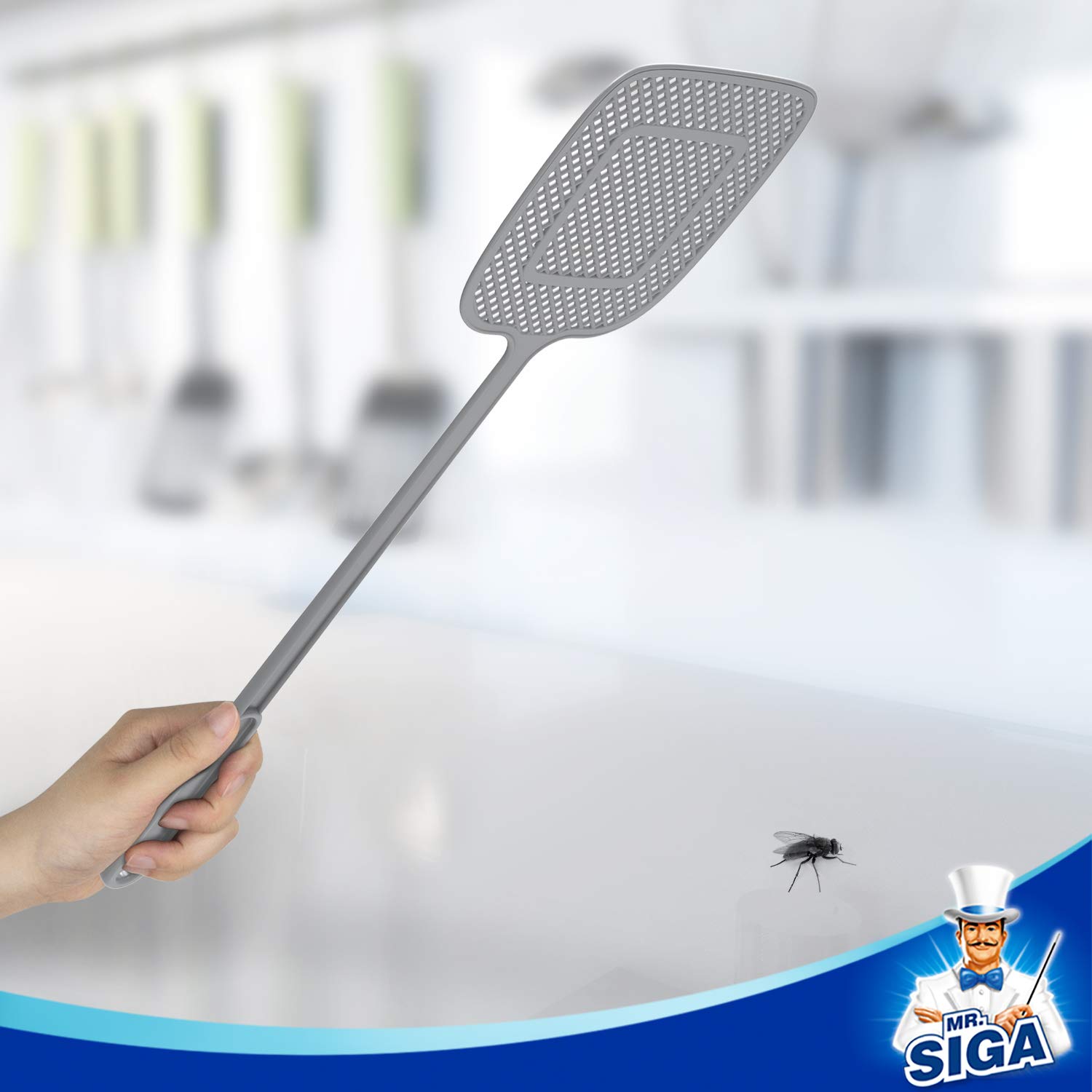 MR.SIGA Heavy Duty Long Handle Fly Swatter, Gray, 6 Pack