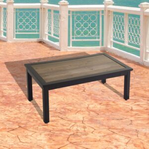 festival depot patio coffee table metal table with wood grain top outdoor furniture for porch garden (rectangle)