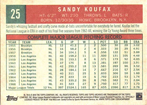 2018 Topps Archives #25 Sandy Koufax Brooklyn Dodgers MLB Baseball Trading Card
