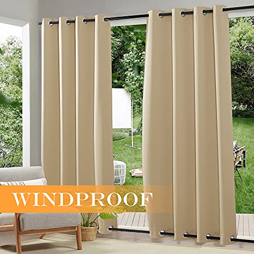 RYB HOME Windproof Curtains Outdoors - Waterproof Blackout Shade Thermal Insulated Weighted Drapes for Porch Gazebo Canopy Pergola Garage Sun Room Decor, 52 Width x 95 inch Length, 2 Panel, Beige