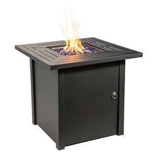 teamson home 40,000 btu square outdoor fire pit table outside propane gas firepit with steel tabletop and base, 11 pounds glass rocks, lid, and pvc cover for patio deck backyard, 30 inch, black