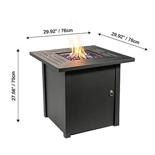 Teamson Home 40,000 BTU Square Outdoor Fire Pit Table Outside Propane Gas Firepit with Steel Tabletop and Base, 11 Pounds Glass Rocks, Lid, and PVC Cover for Patio Deck Backyard, 30 Inch, Black