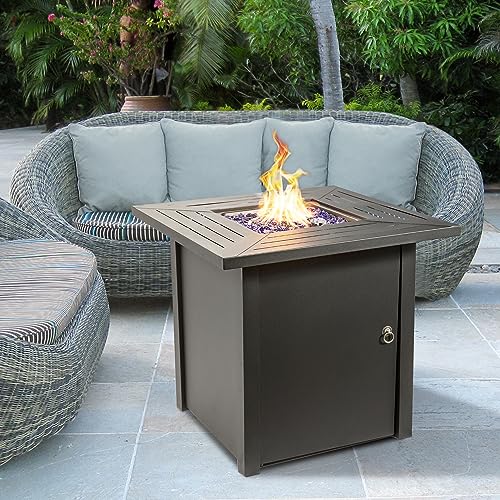 Teamson Home 40,000 BTU Square Outdoor Fire Pit Table Outside Propane Gas Firepit with Steel Tabletop and Base, 11 Pounds Glass Rocks, Lid, and PVC Cover for Patio Deck Backyard, 30 Inch, Black