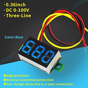 CenryKay 6PCS Blue Digital Mini Digital Voltmeter DC 0.36 Inch Three-Line DC 0-100V Mini Digital Voltmeter Gauge Tester Blue LED Display Panel