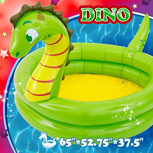 Splash Buddies Kid's 2-Ring Dinosaur Inflatable Kiddie Swimming Pool, Outdoor Summer Backyard Water Play, Toddler's Play Round Pool, 2 Years Old and Up, 65.5" x 52.5" x 37"