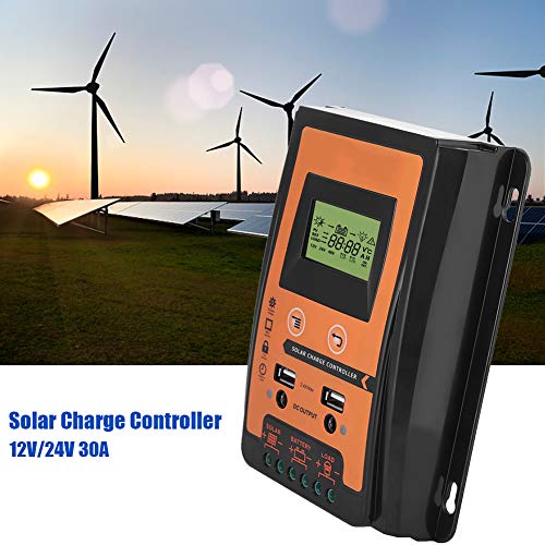 Solar Charge Controller, 30A 12V/24V MPPT Solar Controller Solar Panel Battery Intelligent Regulator with Dual USB Port and LCD Display, 30 Amp