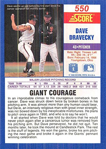 Baseball MLB 1990 Score #550 Dave Dravecky #550 NM Giants