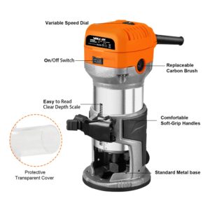 VOLLTEK 6.5-Amp Wood Router Tool, 1.25 HP Compact Trim Router with 5PCS Wood Router Bits, Edge Guide, Roller Guide, Dust Hood and 1/4" & 3/8" Collets Dobetter