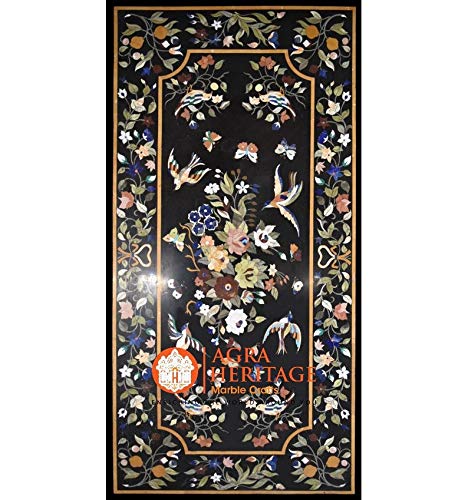 90"x48" Decorative Black Big Dining Marble Table Top Pietradura Inlay Birds Butterfly Designs