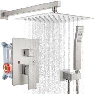 gotonovo 10" rain shower system brushed nickel luxury high pressure shower head bathroom shower faucet set hand held spray rough-in valve and shower trim included