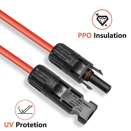 PHITUODA 5FT Black + Red 10AWG(6mm²) Solar Panel Extension Cable Wire, Solar Adaptor Cable with Female and Male Connector - Set of 2